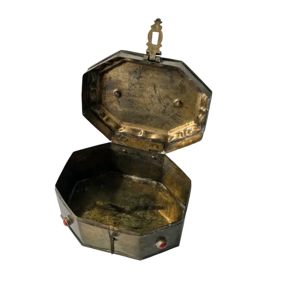 Vintage Brass Octagon Hinged‎ Trinket Box Inlayed Cabochons Patina Beads Handle